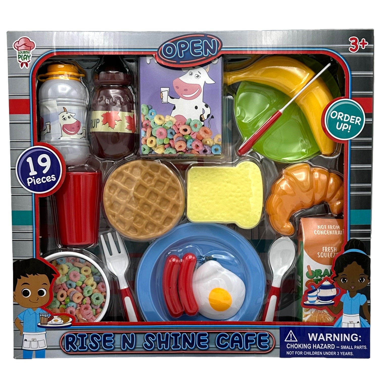 A toy playset of breakfast foods in the packaging.